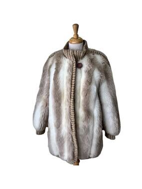 COUNTRY PACER Vintage Fur Coat Sweater Knit Cuffs Hem  Tan Size 10